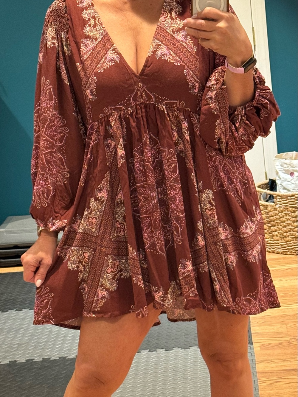 Free People Rust Paisley V-Neck Mini Dress
